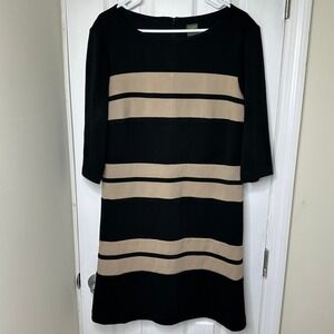 Taylor Womens Black Tan Striped 3/4 Sleeve Shift Dress Size 14
